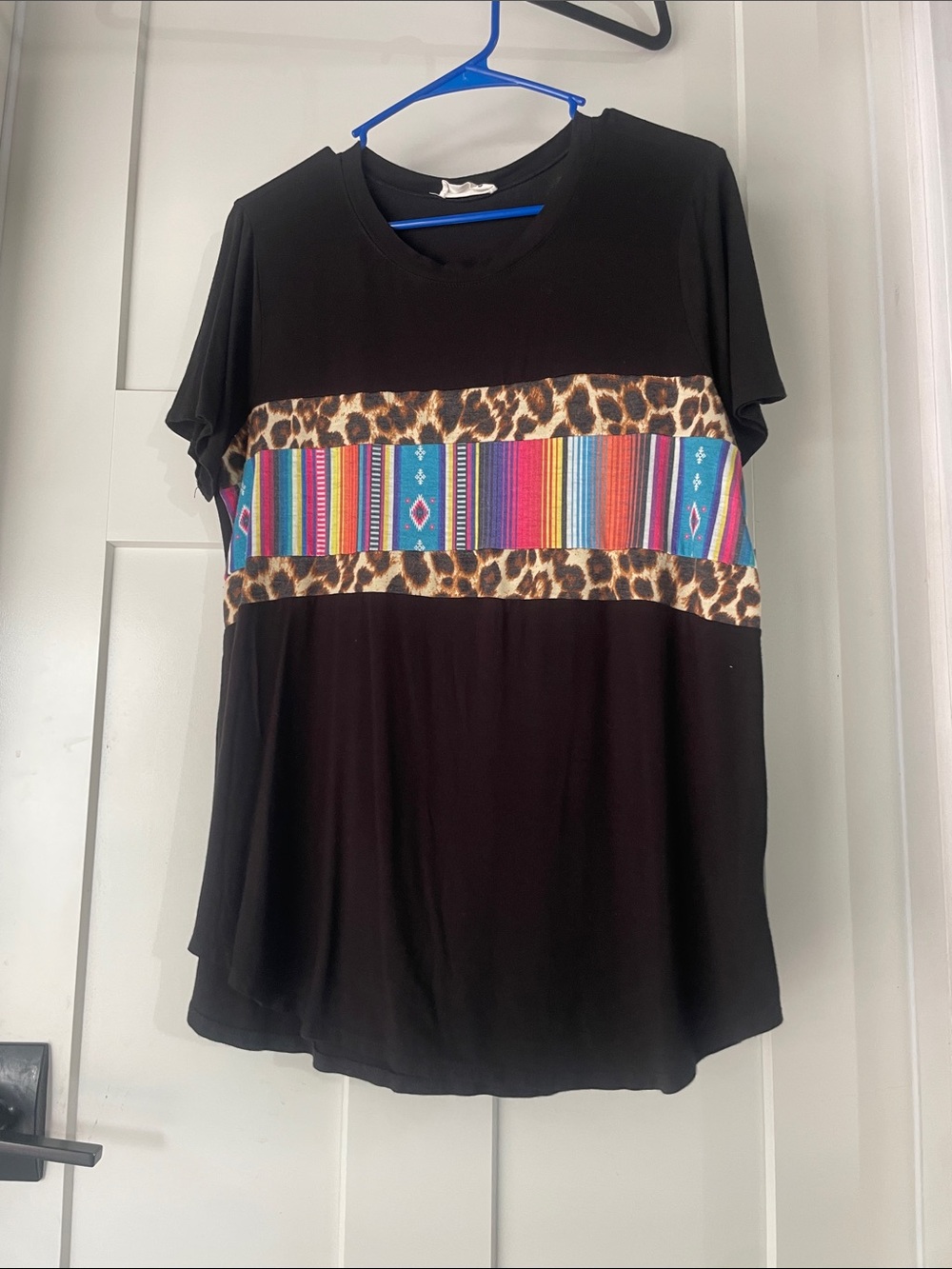 Avery Black Short Sleeve Top with Multicolor Serape Stripe & Leopard Trim